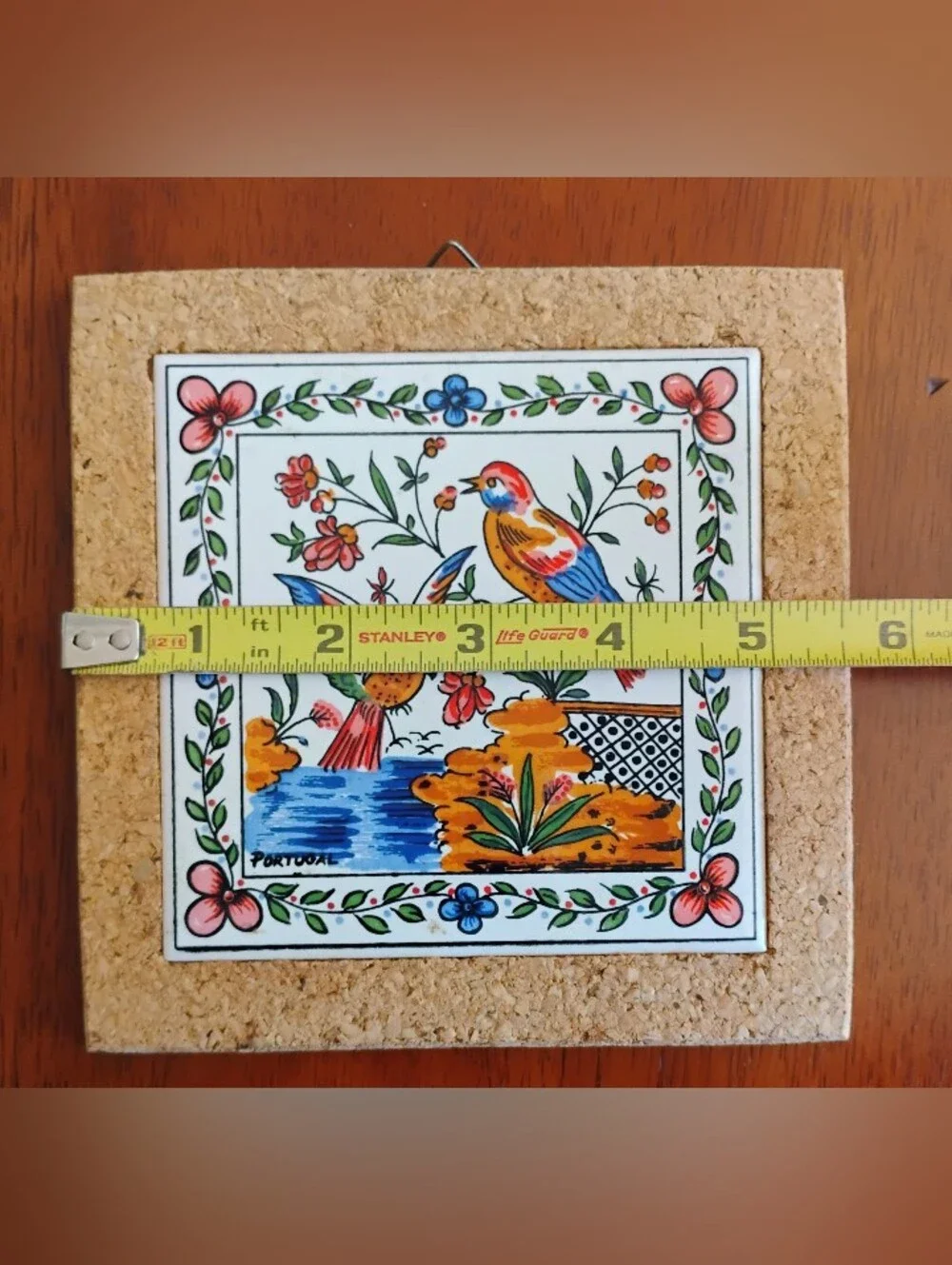 VTG Portugal Birds & Flowers Hand Painted Tile & Cork Trivets/Wall Hangers (2)